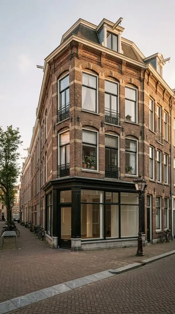 Bakstenen hoekpand met een lege winkelruimte op de begane grond