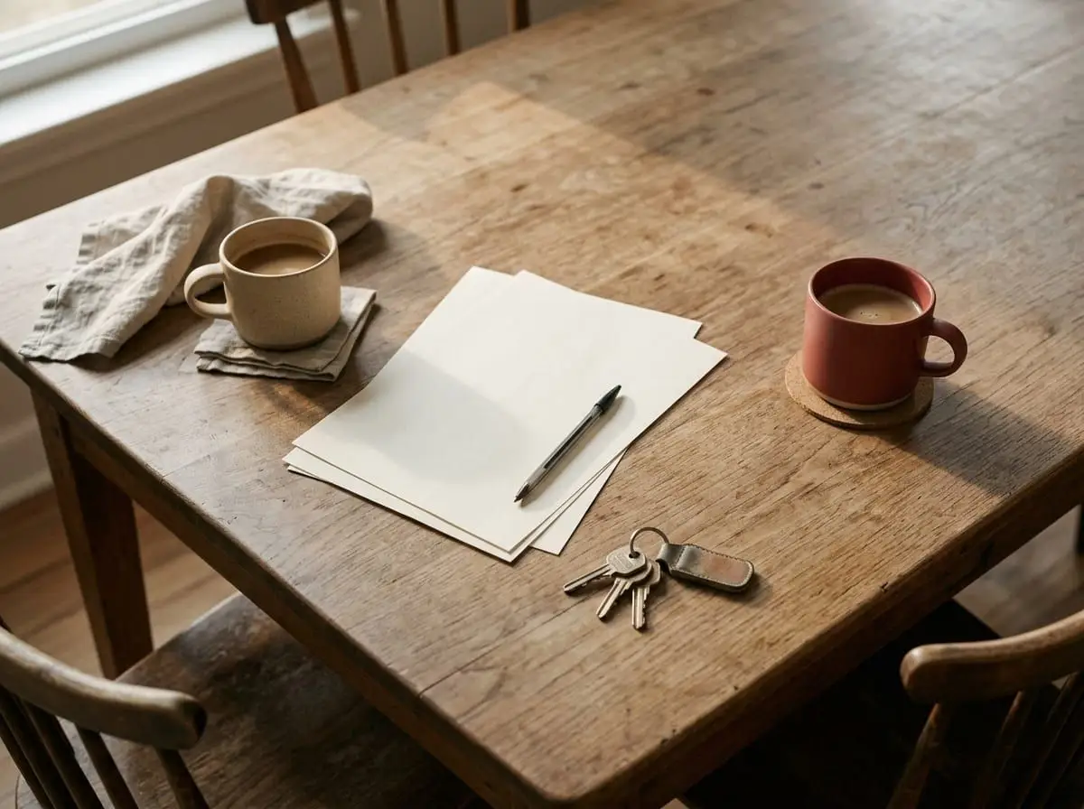 Keukentafel met koffie, papieren, een pen en de sleutels van het huis