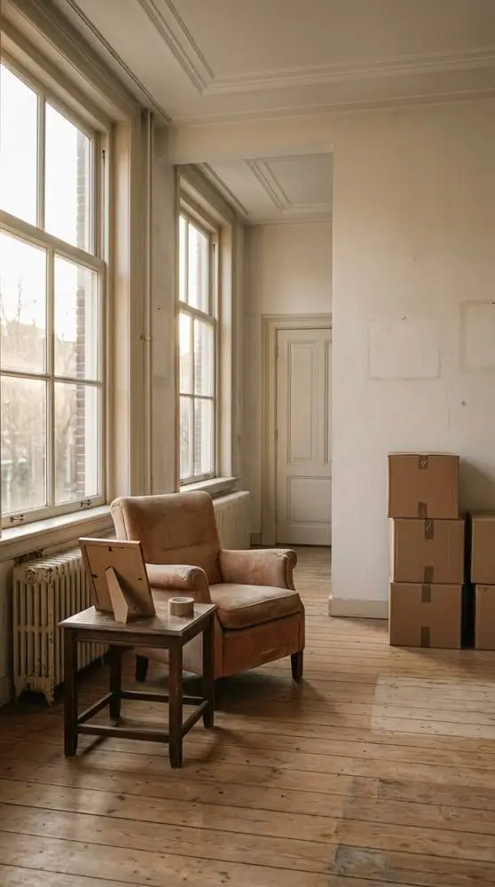 Lege woonkamer van een geërfd huis, met een oude fauteuil en verhuisdozen