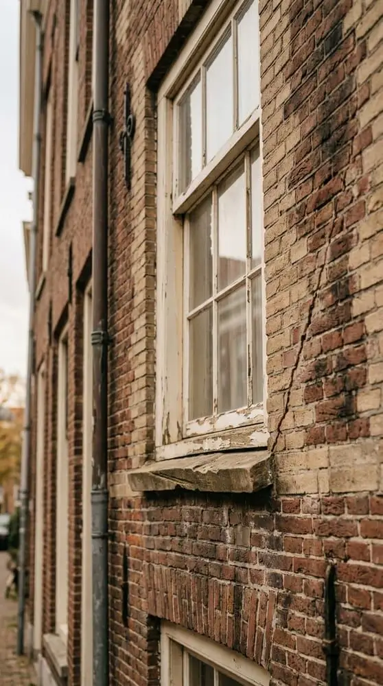 Oude bakstenen gevel met een scheur in het metselwerk en een afbladderend kozijn