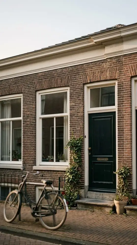 Bakstenen benedenwoning met een groene voordeur en een fiets ervoor